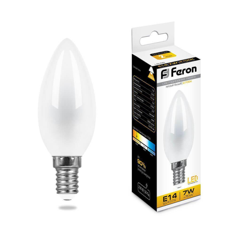 Лампа светодиодная Feron E14 7W 2700K Свеча Матовая LB-66 25785 в Санкт-Петербурге