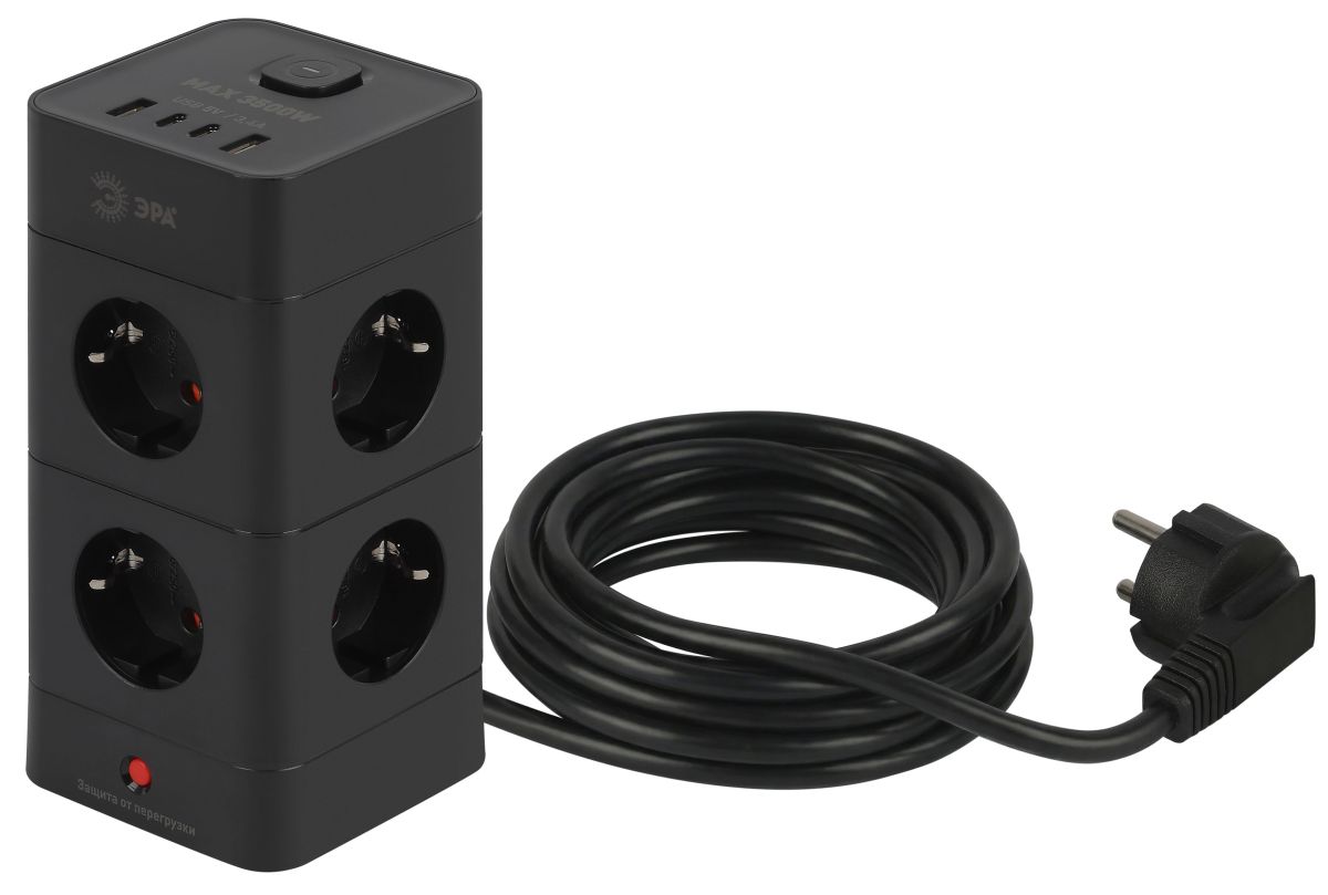 Сетевой фильтр ЭРА TWR-8es-1,5m-4USB-B башня с защитой заземлением с выключателем 8 розеток+4xUSBA+C 1,5м 16А черный Б0069072 в Санкт-Петербурге