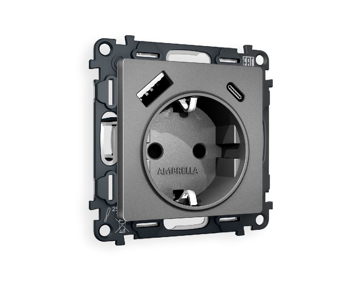 Комплект механизма розетки 2USB A+C 20W (быстрая зарядка) с/з Ambrella Volt Alfa MA660010 в Санкт-Петербурге
