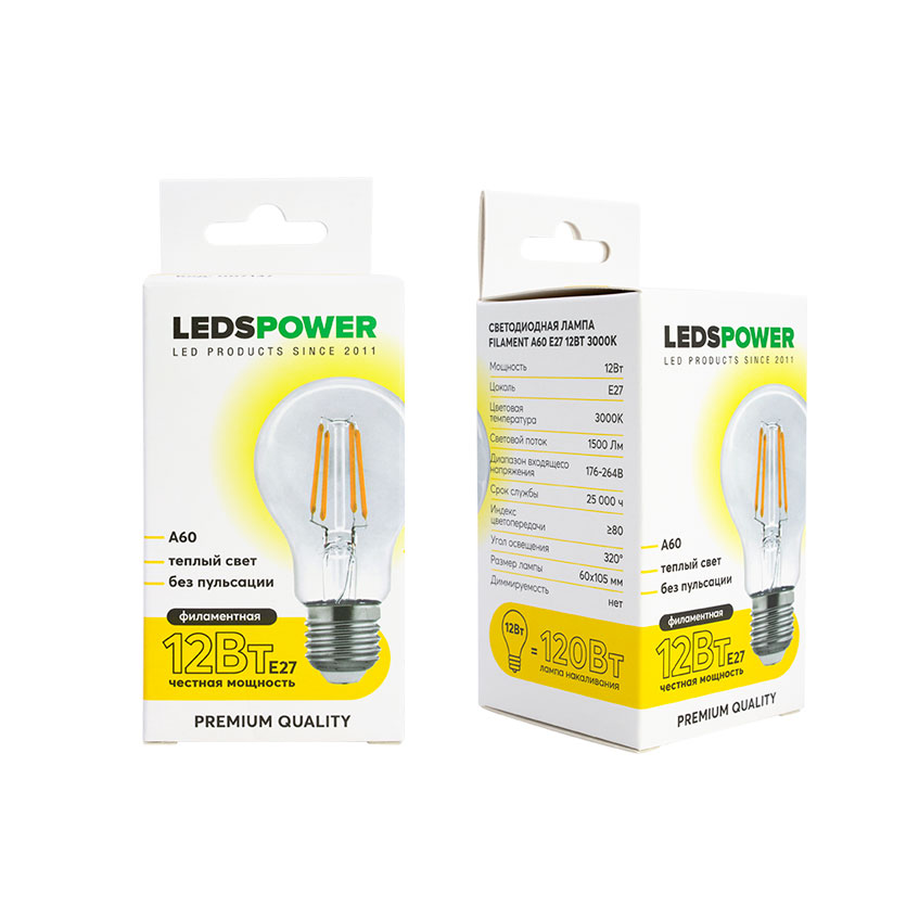 Светодиодная лампа LEDS POWER Filament A60 E27 12Вт 3000К 007137 в Санкт-Петербурге