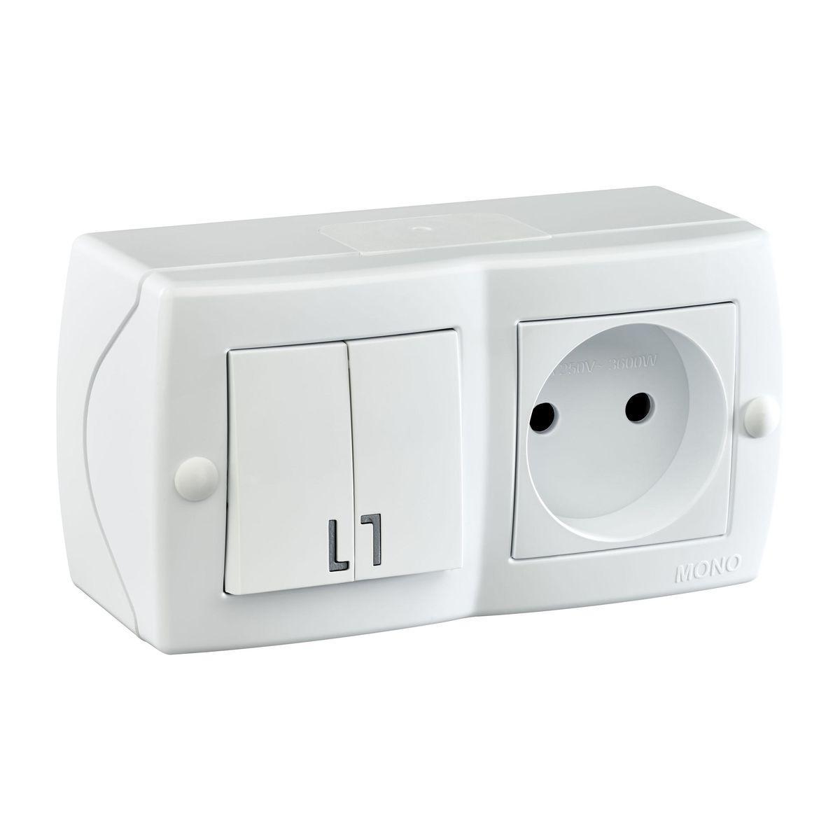 Выключатель двухклавишный + розетка без заземления Mono Electric Octans IP20 10А 250В белый 104-010101-182 в Санкт-Петербурге