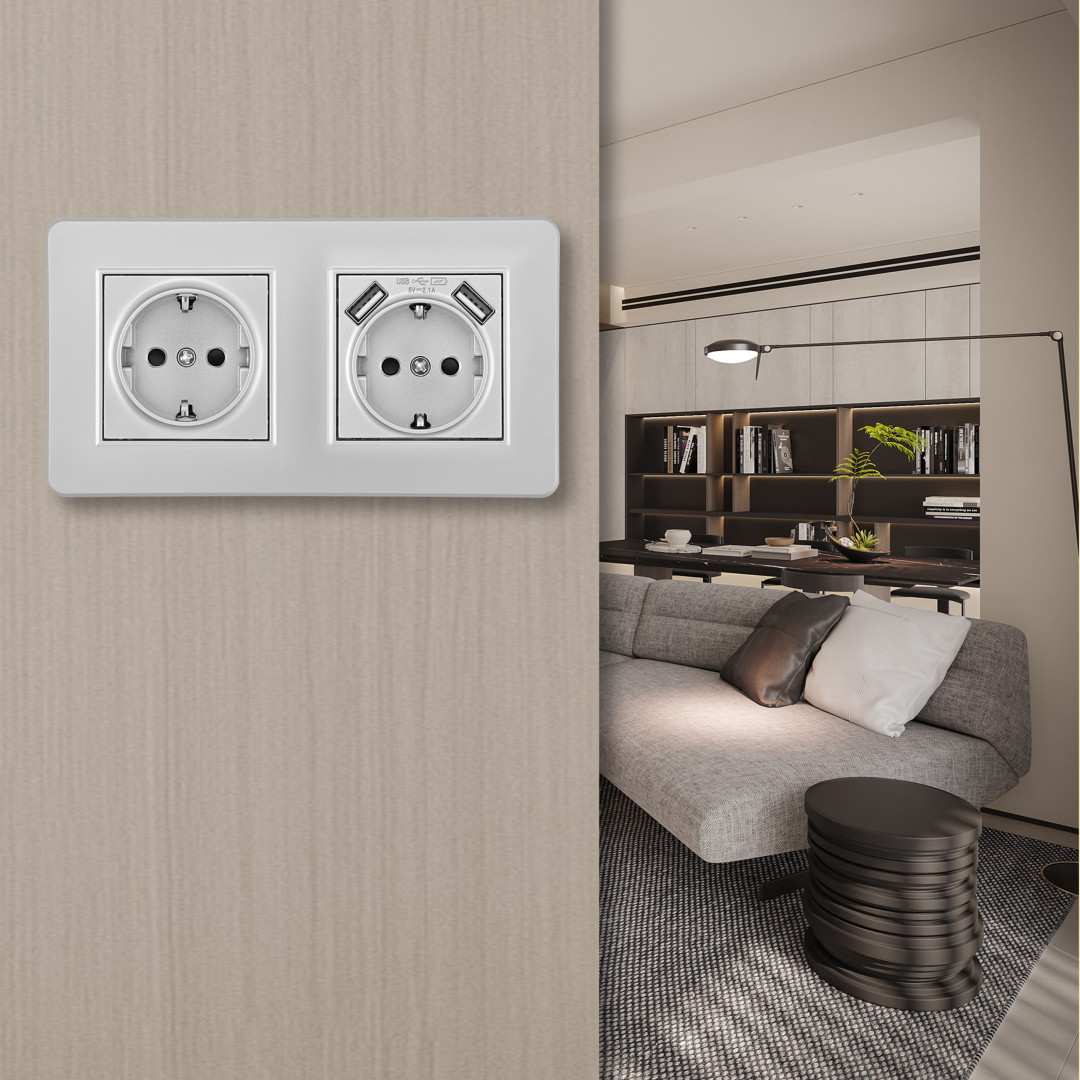 Розетка двойная (двухпостовая) с/з и шторками + USB Arte Milano SET16-2-47-1-40-1 silver в Санкт-Петербурге