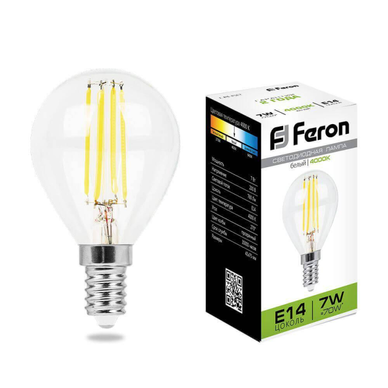 Лампа светодиодная филаментная Feron E14 7W 4000K Шар Прозрачная LB-52 25875 УЦ в Санкт-Петербурге