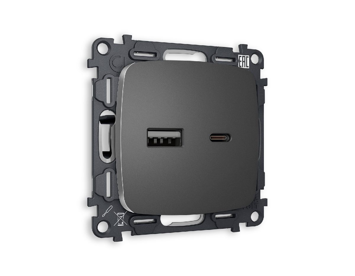 Комплект механизма розетки 2USB A+C 20W (быстрая зарядка) Ambrella Volt Omega MO661010 в Санкт-Петербурге