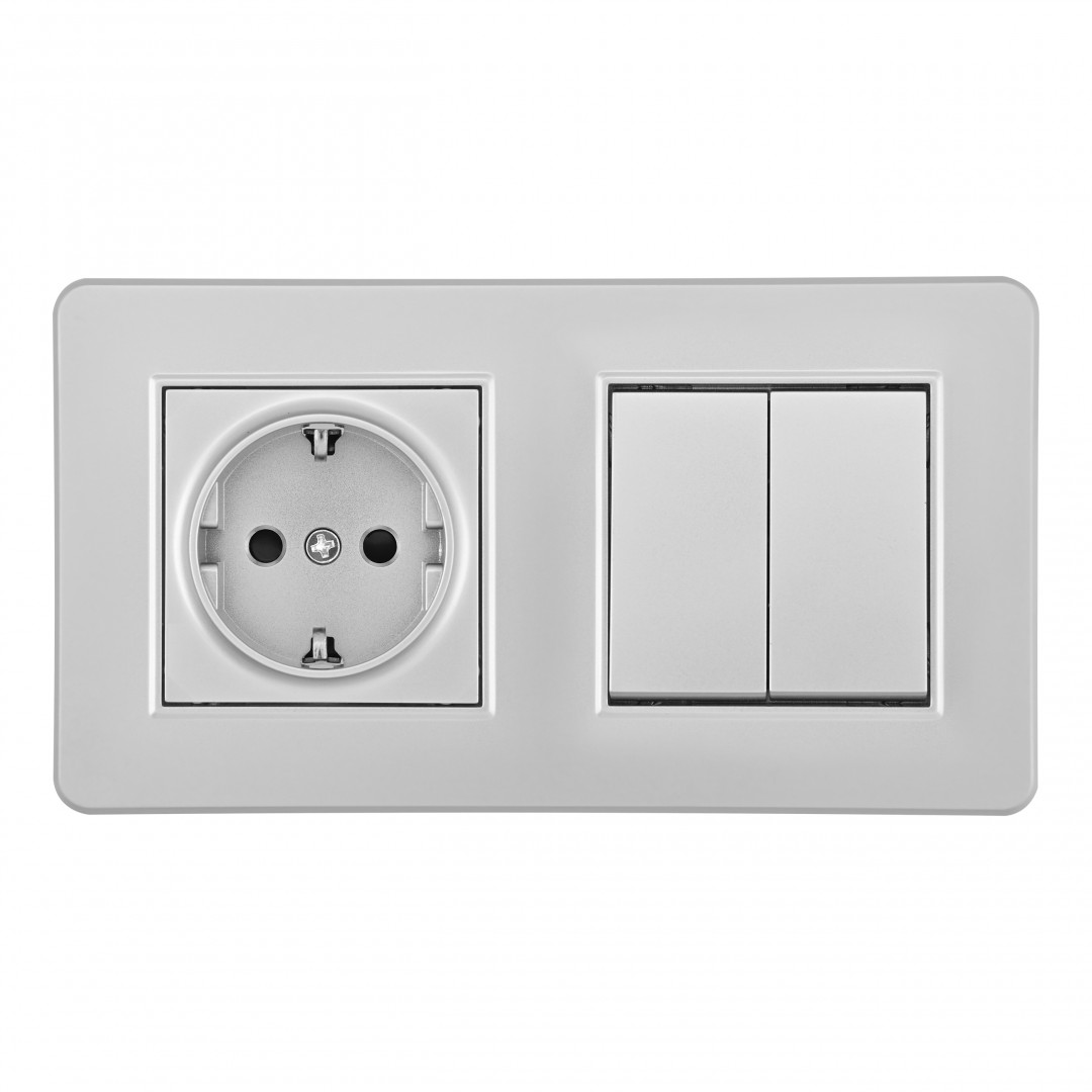 Выключатель двухклавишный с розеткой Arte Milano SET16-2-40-1-30-2 silver в Санкт-Петербурге