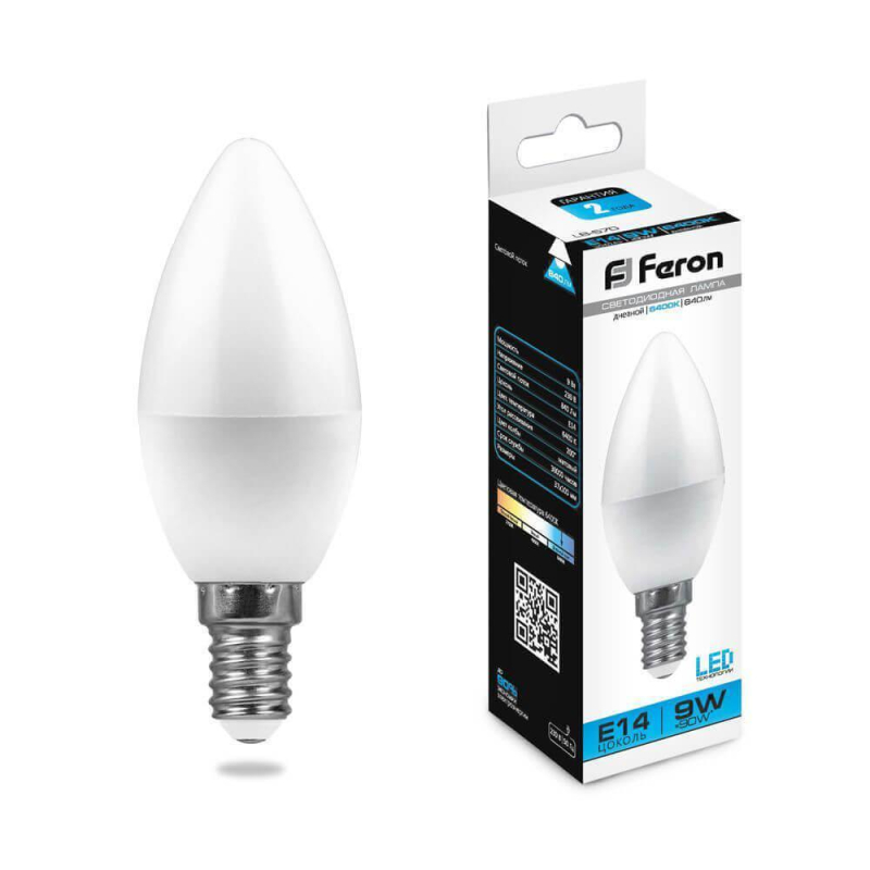 Лампа светодиодная Feron E14 9W 6400K Свеча Матовая LB-570 25800 в Санкт-Петербурге