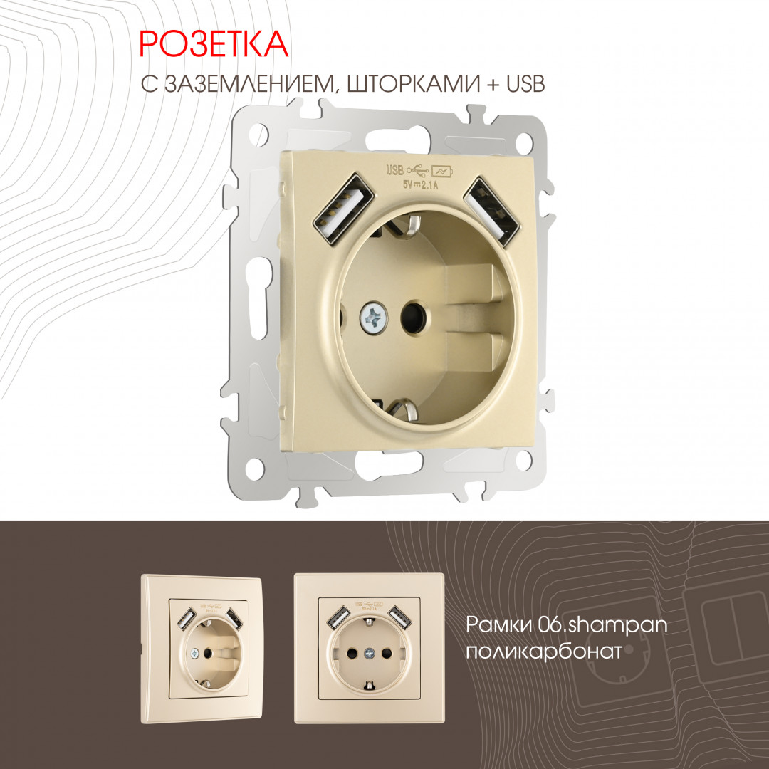 Розетка с заземлением, шторками + 2 USB Arte Milano 206.47-1.shampan в Санкт-Петербурге