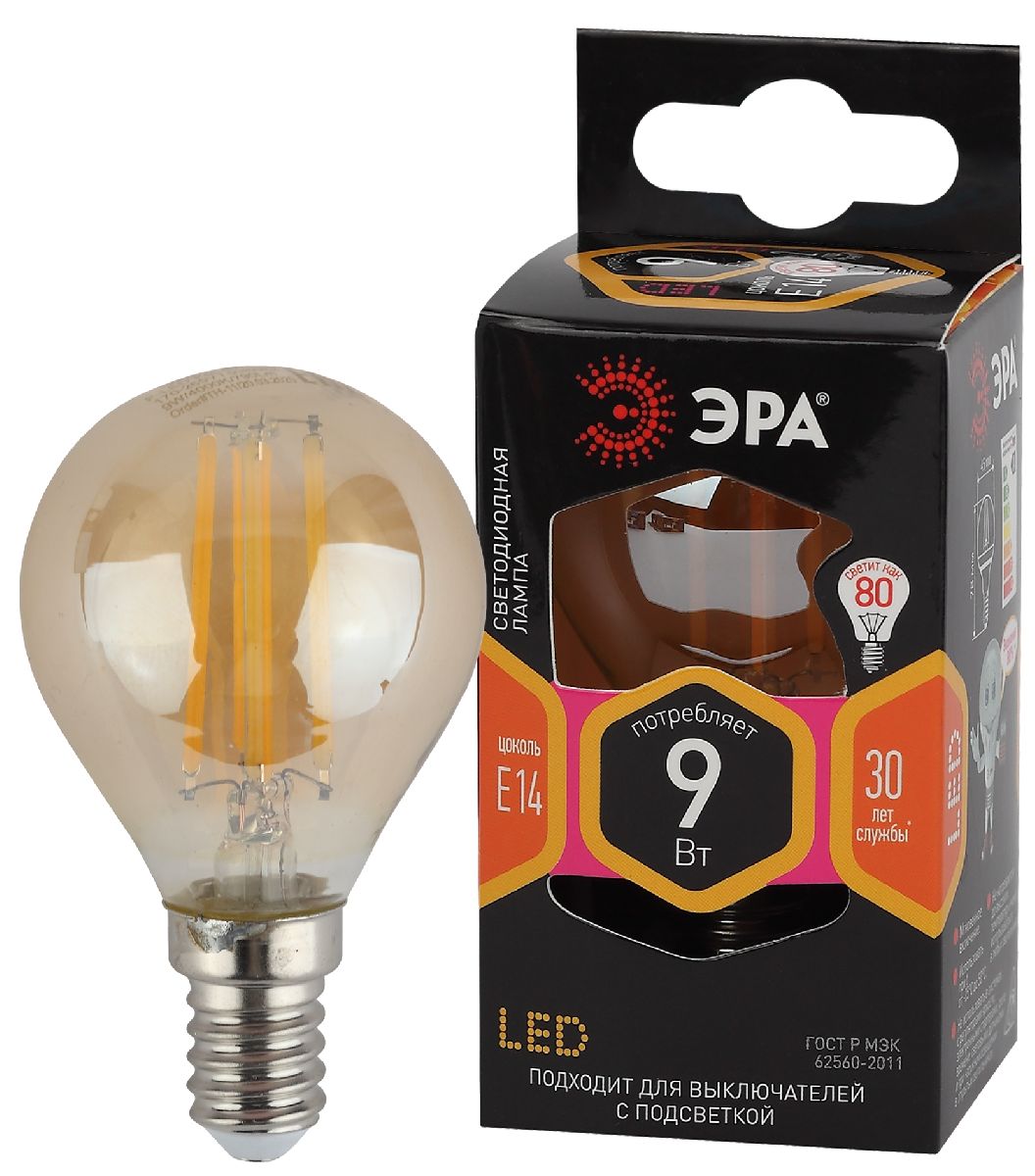 Лампа светодиодная Эра E14 9W 2700K F-LED P45-9W-827-E14 gold Б0047022 в Санкт-Петербурге