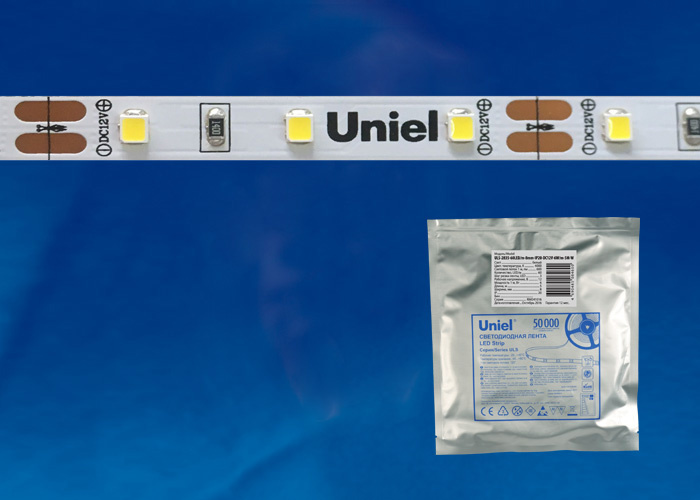 Светодиодная лента Uniel (UL-00000879) 9,6W/m 120LED/m 2835SMD теплый белый 5М ULS-2835-120LED/m-8mm-IP20-DC12V-9,6W/m-5M-WW в Санкт-Петербурге