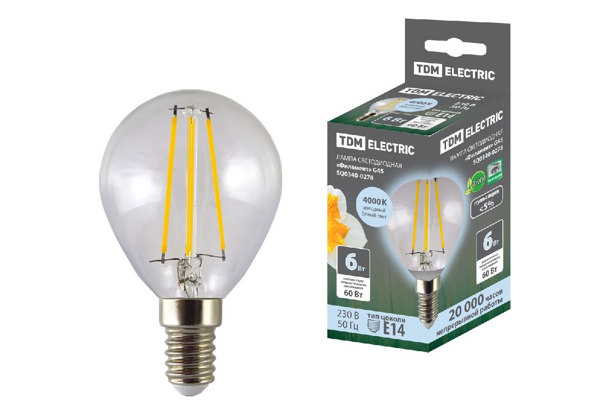 Лампа светодиодная филаментная TDM Electric Е14 6W 4000K прозрачная SQ0340-0278 в Санкт-Петербурге
