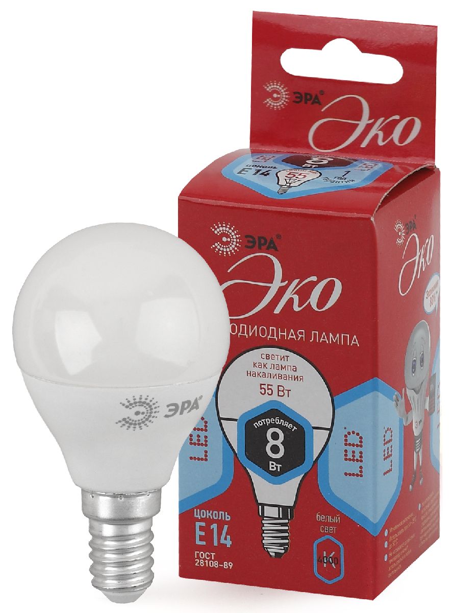 Лампа светодиодная Эра E14 8W 4000K ECO LED P45-8W-840-E14 Б0030023 в Санкт-Петербурге