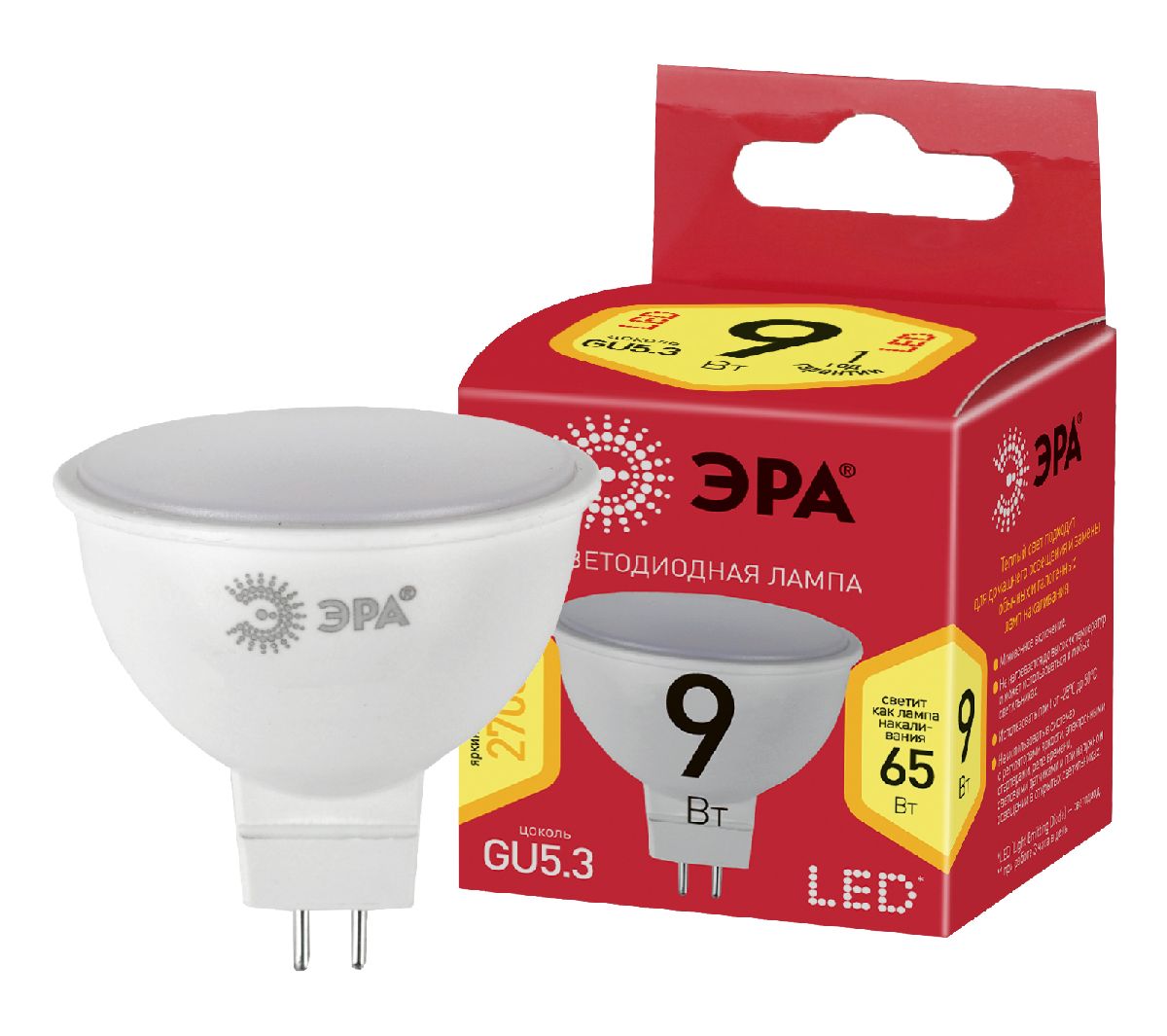 Лампа светодиодная Эра GU5.3 9W 2700K ECO LED MR16-9W-827-GU5.3 Б0032972 в Санкт-Петербурге