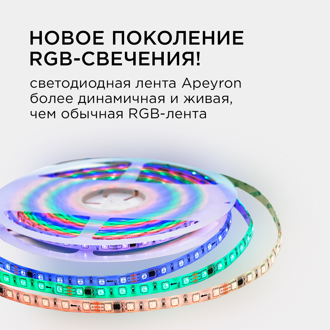 Комплект адресной светодиодной ленты Apeyron 24В 14,4Вт/м smd5050 60д/м IP65 10м RGB (адаптер питания, контроллер)  10-100 в Санкт-Петербурге