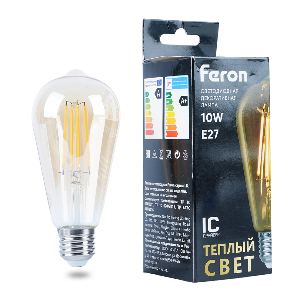 Лампа светодиодная филаментная Feron LB-64 колба прозрачная E27 10W 230V 2700K 52165 в #REGION_NAME_DECLINE_PP#