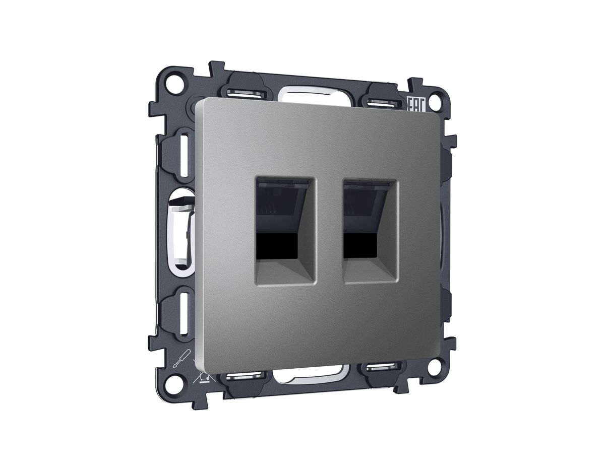 Комплект механизма компьютерной двойной розетки RJ-45 Ambrella Volt MA662110 (8P8C) CAT6 с автоматической защитной шторкой Alfa Антрацит серый Quant в #REGION_NAME_DECLINE_PP#