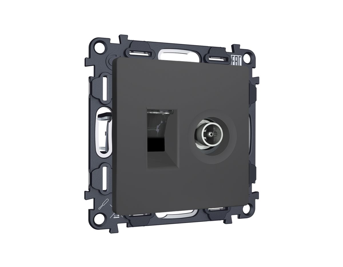 Комплект мех-ма розетки компьютерной + TV оконечной RJ-45 с автоматической защитной шторкой Alfa Графит мягкое касание Quant Ambrella Volt MA912510 (AP9125, VM195) в #REGION_NAME_DECLINE_PP#