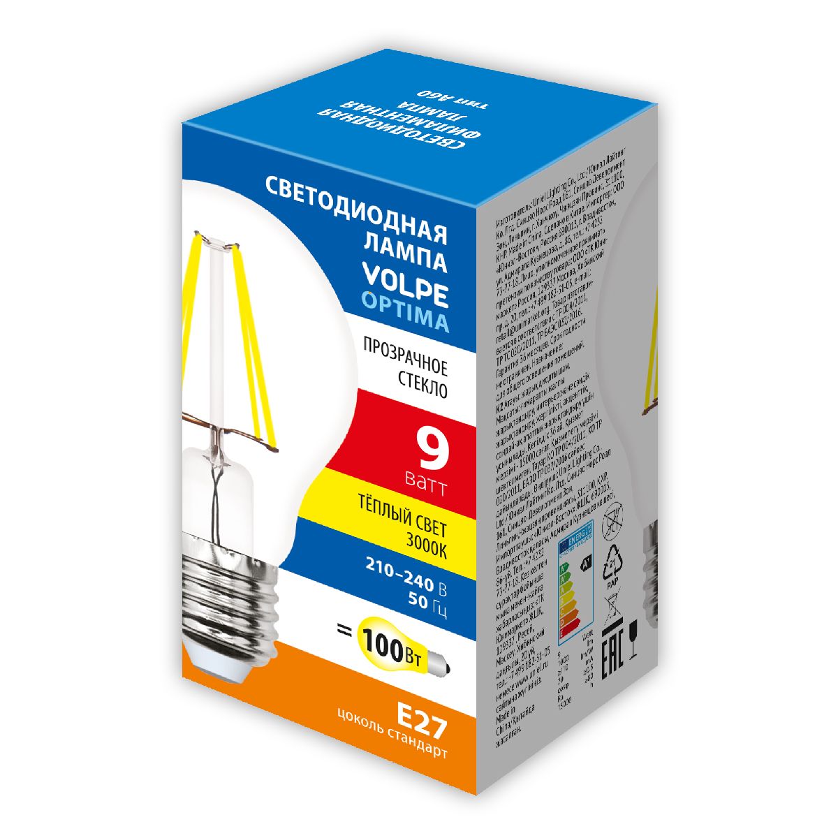Лампа светодиодная Volpe Optima LED-A60-9W/3000K/E27/CL/SLF UL-00008302 в Санкт-Петербурге