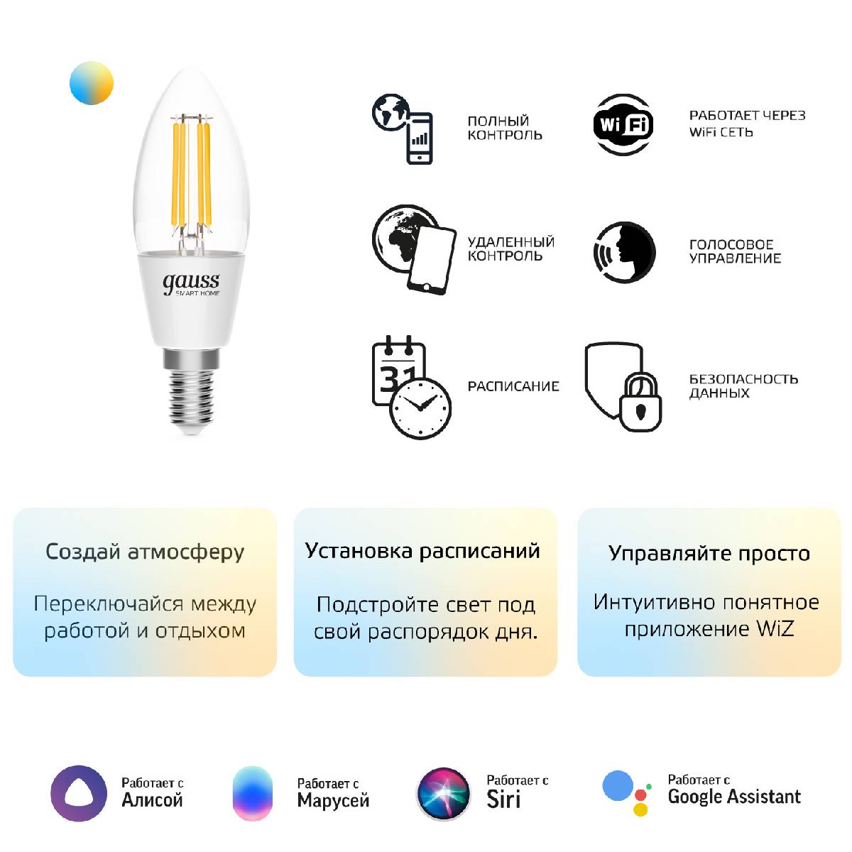 Лампа светодиодная диммируемая филаментная Gauss E14 4,5W 2000-6500K прозрачная 1250112 в Санкт-Петербурге