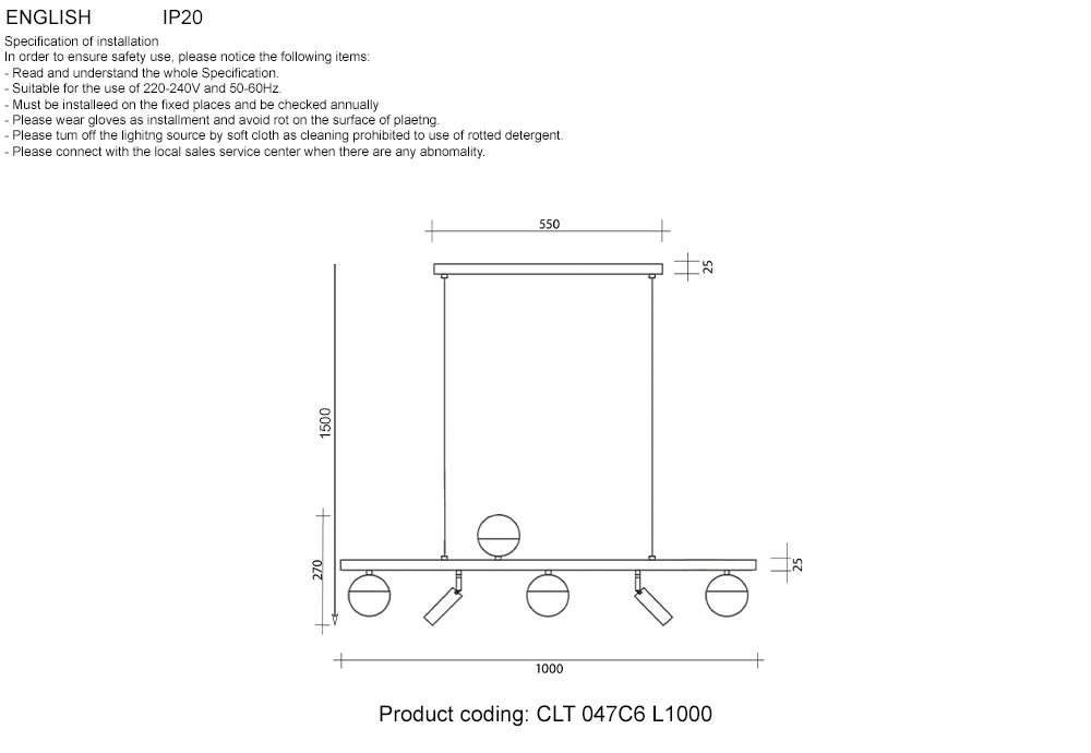 Подвесная люстра Crystal Lux CLT 047C6 L1000 BL-GO в Санкт-Петербурге