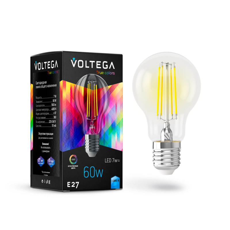 Лампа светодиодная Voltega E27 7W 4000K груша прозрачная VG10-A60E27cold7W-F 7141 в Санкт-Петербурге
