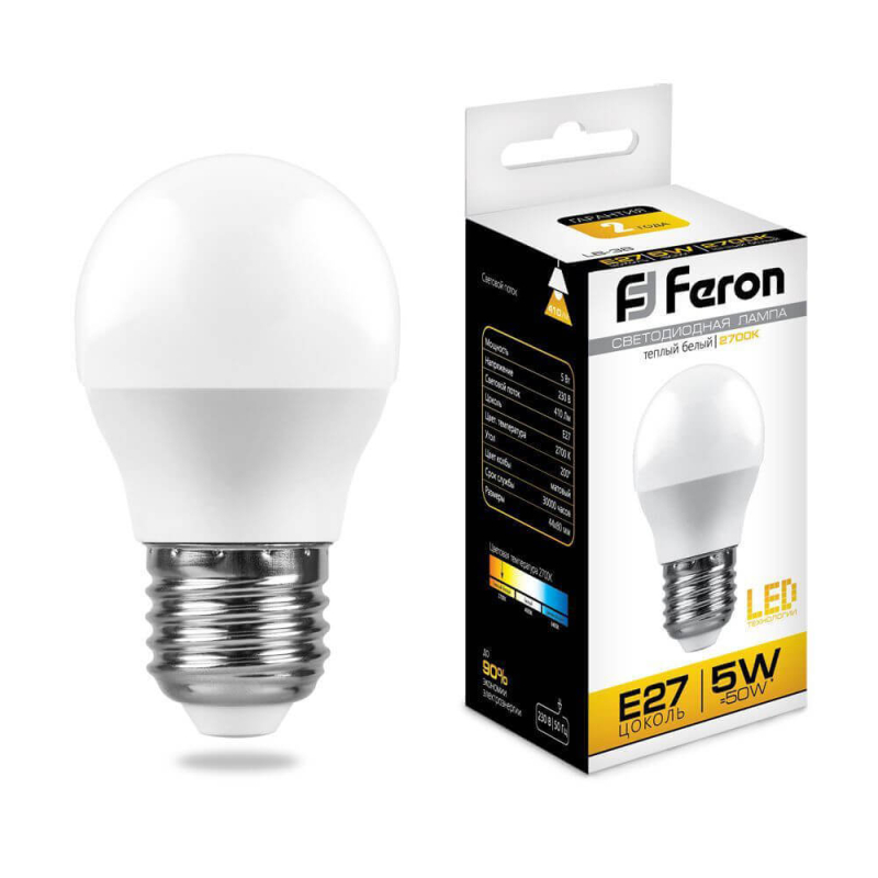 Лампа светодиодная Feron E27 5W 2700K Шар Матовая LB-38 25404 в Санкт-Петербурге