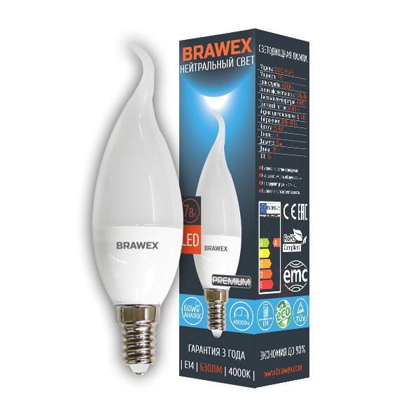 Лампа светодиодная Brawex свеча на ветру матовая E14 7Вт 4000K 0707Q-B35-7N в Санкт-Петербурге