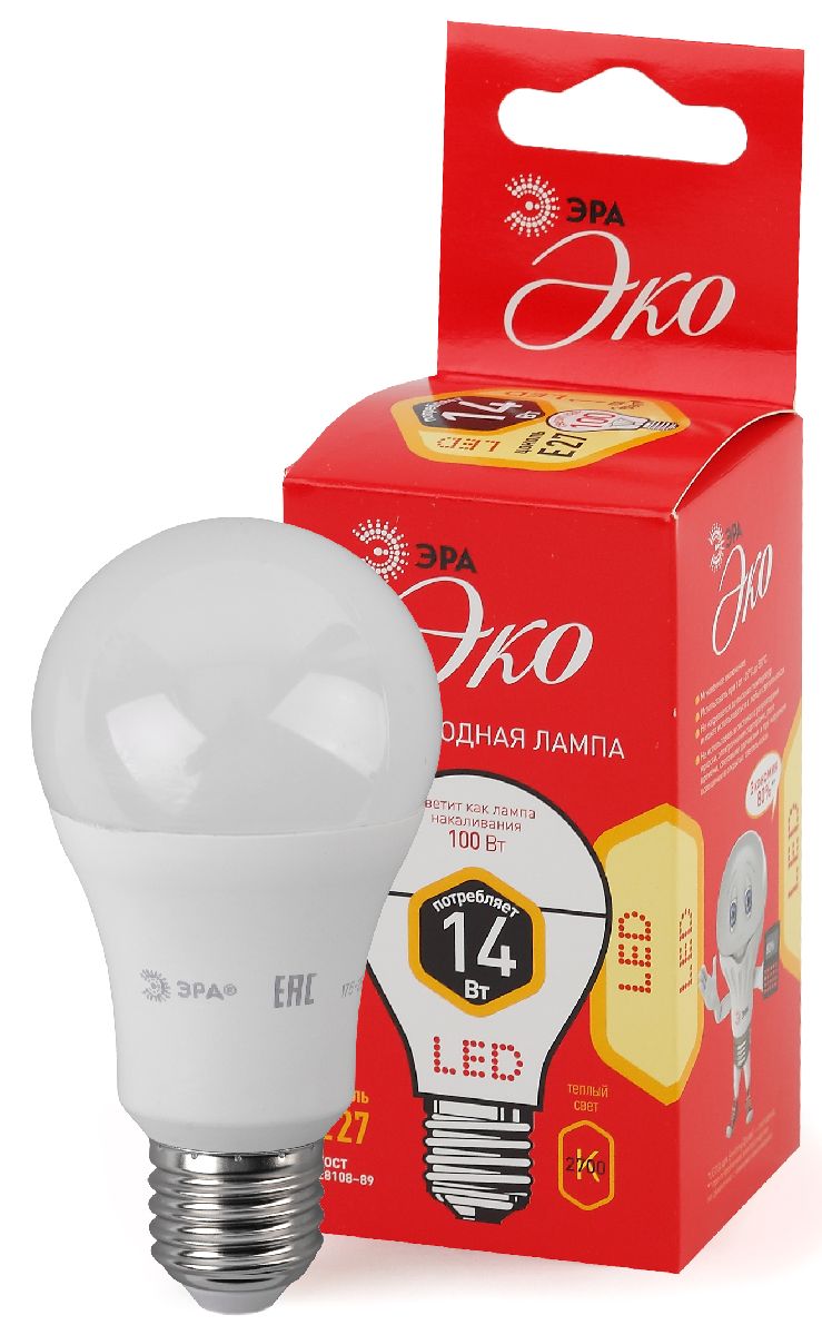 Лампа светодиодная Эра Е27 14W 2700K ECO LED A60-14W-827-E27 груша Б0030028 в Санкт-Петербурге