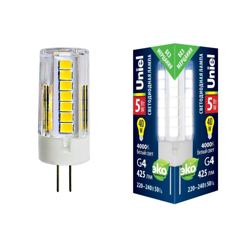 Лампа светодиодная (UL-00006745) Uniel G4 5W 4000K прозрачная LED-JC-220/5W/4000K/G4/CL GLZ09TR в Санкт-Петербурге