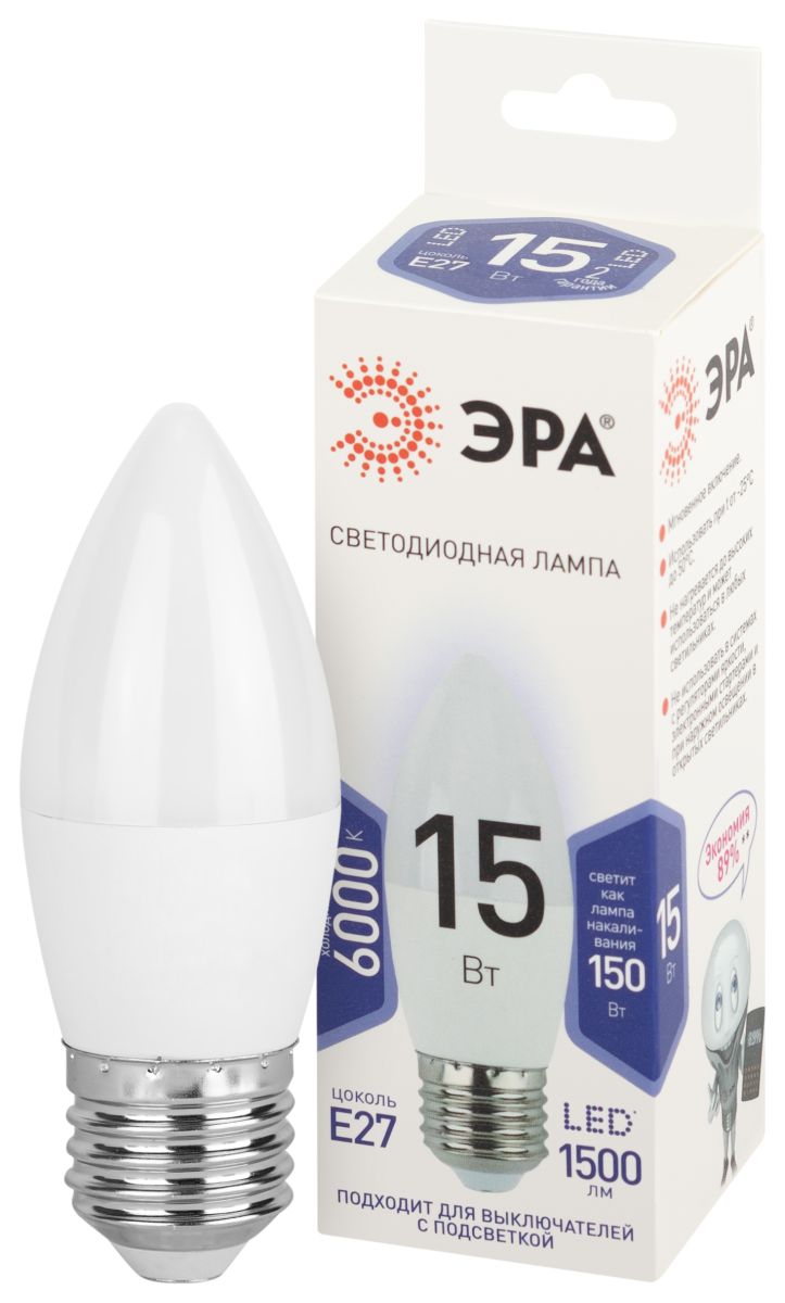 Лампа светодиодная Эра STD LED B35-15W-860-E27 6500K свеча в Санкт-Петербурге