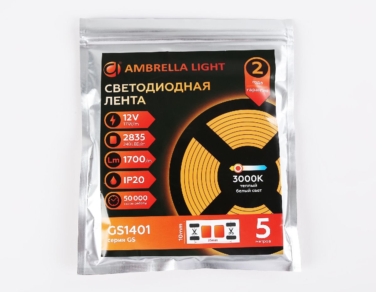 Светодиодная лента Ambrella Light LED Strip 12В 2835 17Вт/м 3000K 5м IP20 GS1401 в Санкт-Петербурге