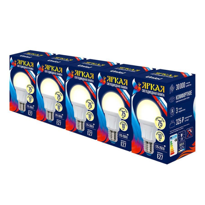 Лампа светодиодная Uniel E27 10W 3000K груша матовая LED-A60 10W/WW/E27/FR PLP01WH Набор из 5штук UL-00008087 в Санкт-Петербурге