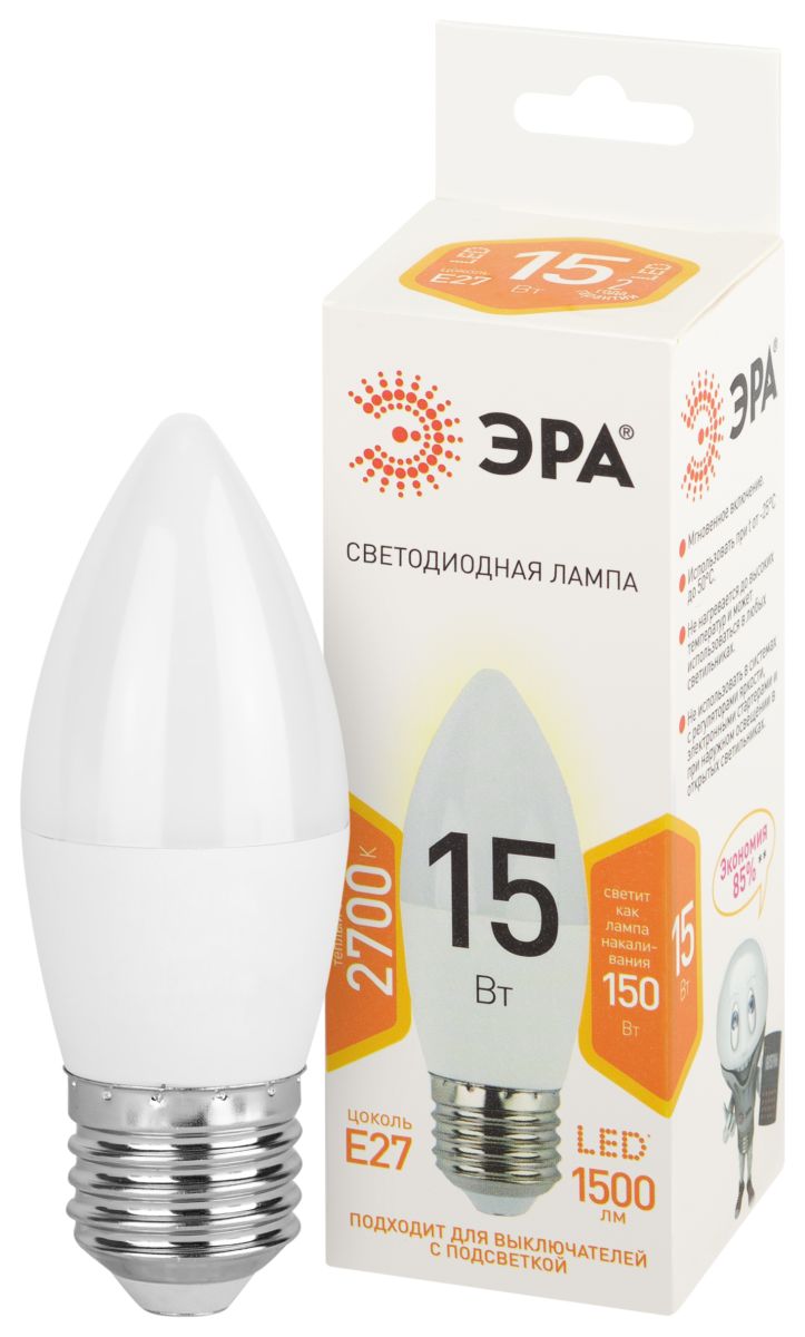 Лампа светодиодная Эра STD LED B35-15W-827-E27 2700K свеча в Санкт-Петербурге