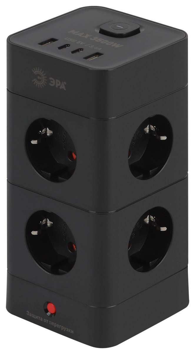 Сетевой фильтр ЭРА TWR-8es-1,5m-4USB-B башня с защитой заземлением с выключателем 8 розеток+4xUSBA+C 1,5м 16А черный Б0069072 в Санкт-Петербурге