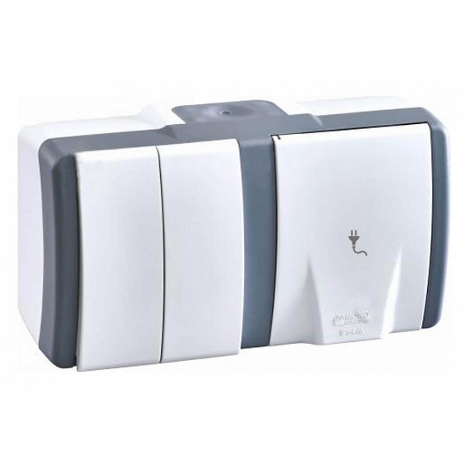 Выключатель двухклавишная + розетка без заземления Mono Electric Octans IP54 16A 250В бело-серый 154-020001-182 в Санкт-Петербурге
