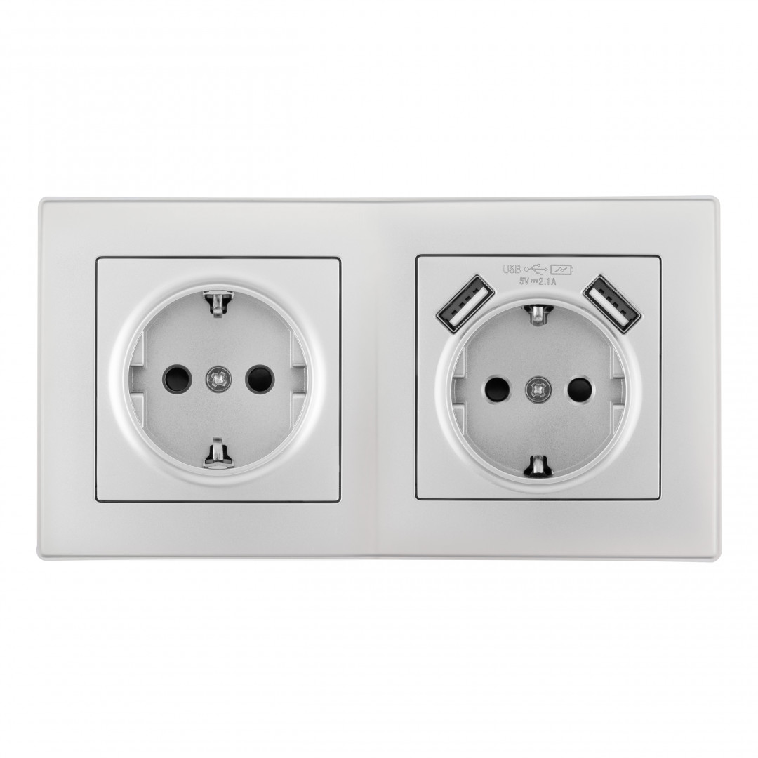Розетка двойная (двухпостовая) c USB Arte Milano SET06-2-47-1-40-1 silver в Санкт-Петербурге