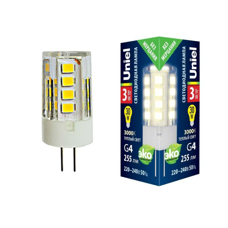 Лампа светодиодная (UL-00006742) Uniel G4 3W 3000K прозрачная LED-JC-220/3W/3000K/G4/CL GLZ09TR в #REGION_NAME_DECLINE_PP#