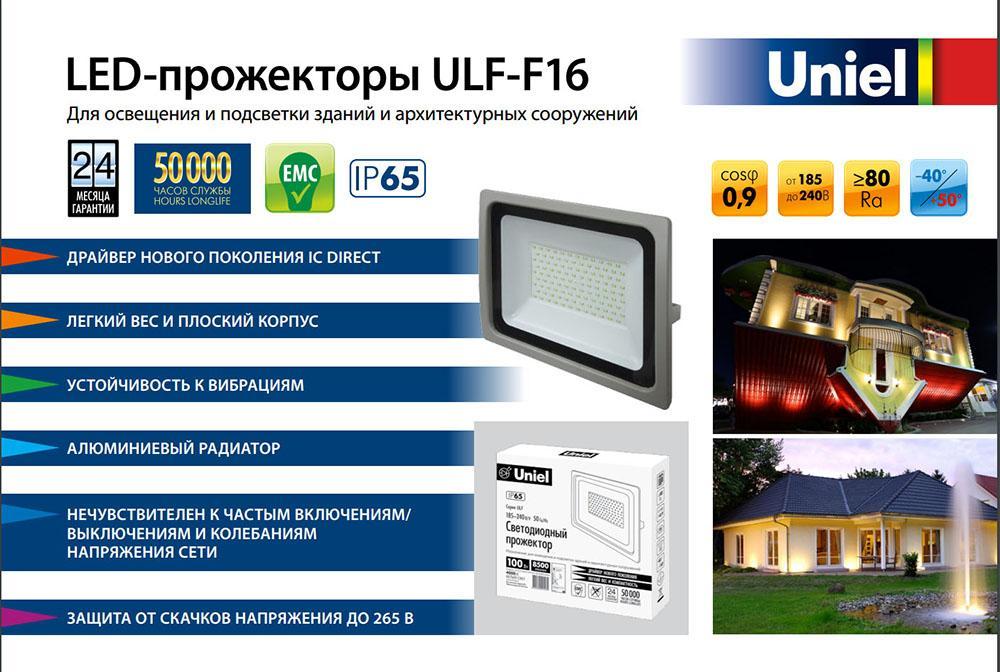 Прожектор светодиодный (UL-00001915) Uniel 100W 6000K ULF-F16-100W/DW IP65 185-240В Silver в Санкт-Петербурге