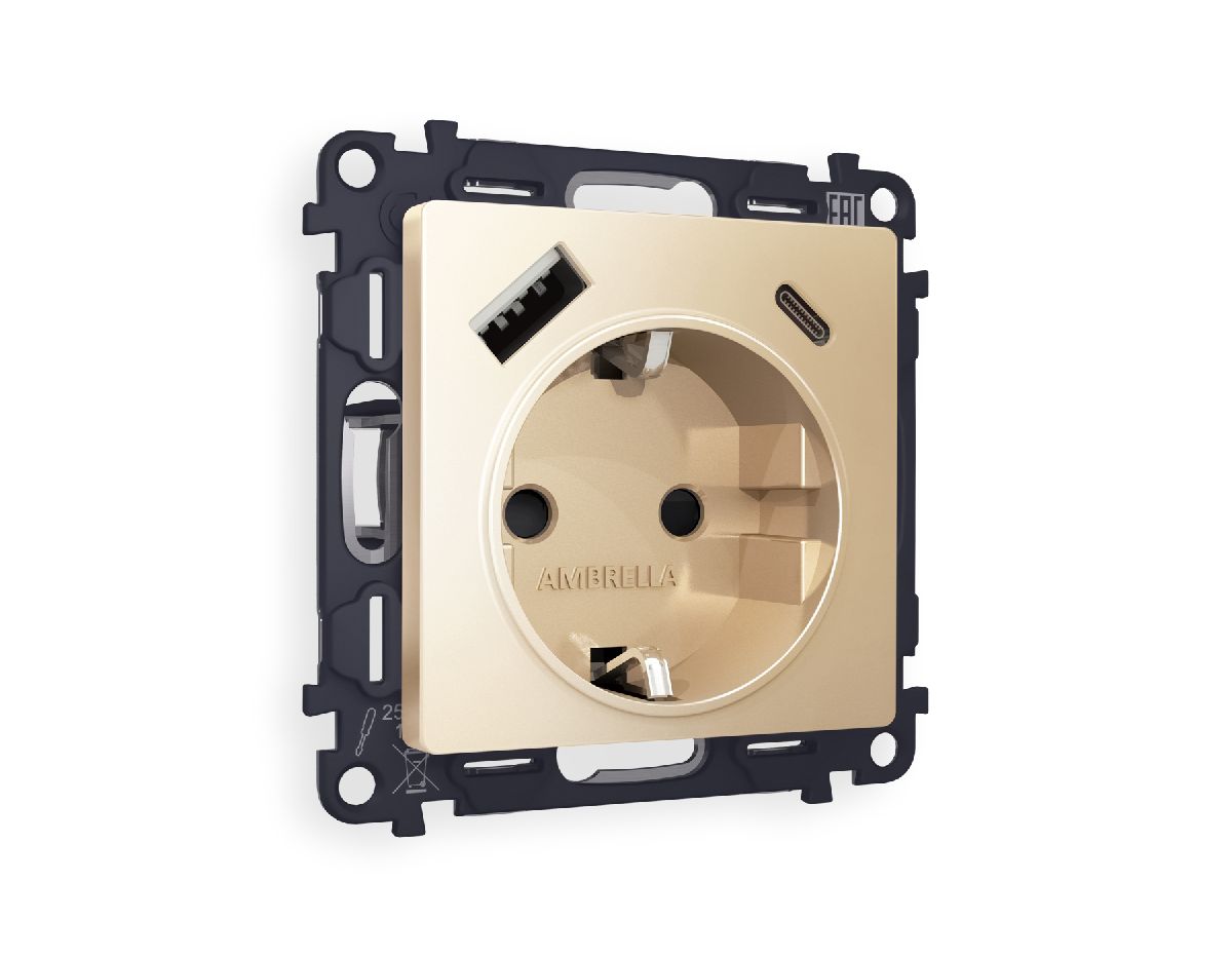 Комплект механизма розетки 2USB A+C 20W (быстрая зарядка) с/з Ambrella Volt Alfa MA610010 в Санкт-Петербурге