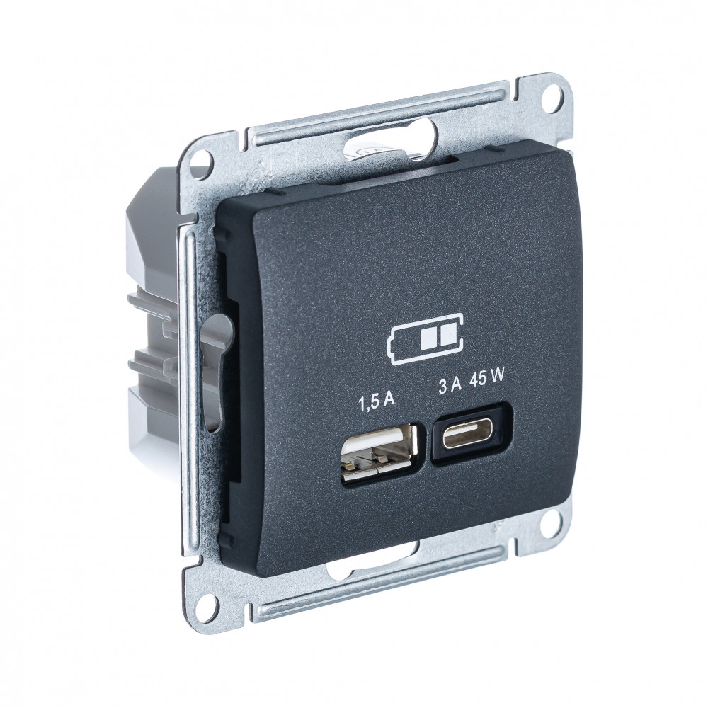 USB Розетка A + тип-C 45W высокоскор.заряд. QC, PD, мех. Systeme Electric Glossa Антрацит GSL000729 в Санкт-Петербурге