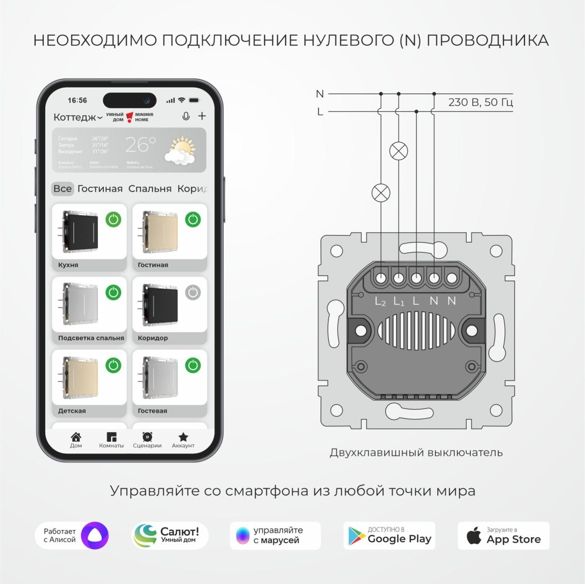 Умный сенсорный выключатель двухклавишный Werkel 4690389197956 W4523006 a064144 в Санкт-Петербурге