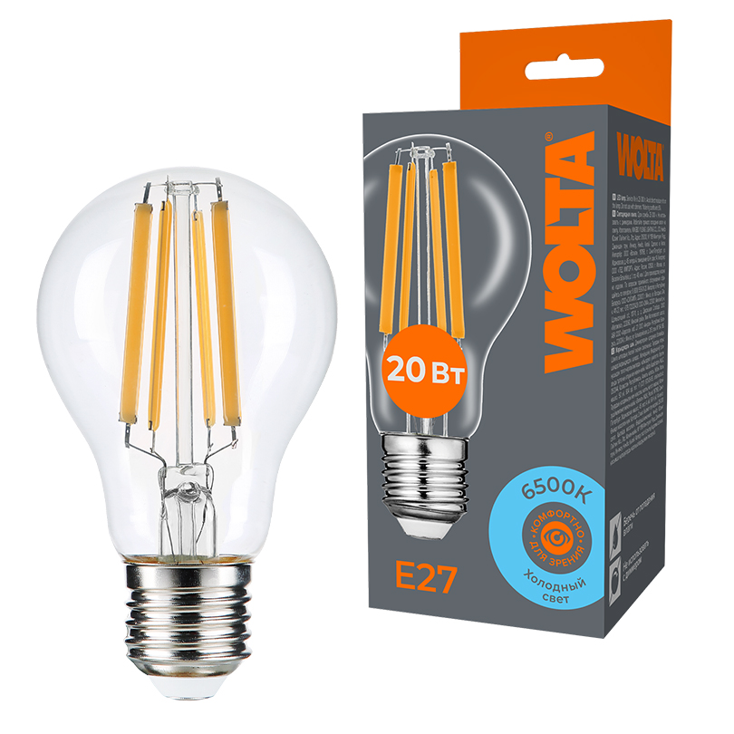 Лампа светодиодная филаментная WOLTA 20Вт 6500K Е27 груша прозрачная WF-A60-20W6KE27 в Санкт-Петербурге