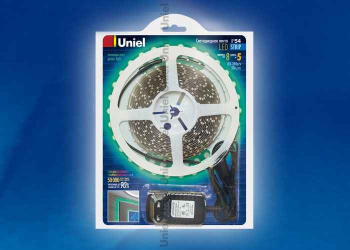 Светодиодная влагозащищенная лента Uniel (04695) 4,8W/m 60LED/m 3528SMD зеленый 5M ULS-3528-60LED/m-8mm-IP54-DC12V-5M-GREEN в Санкт-Петербурге