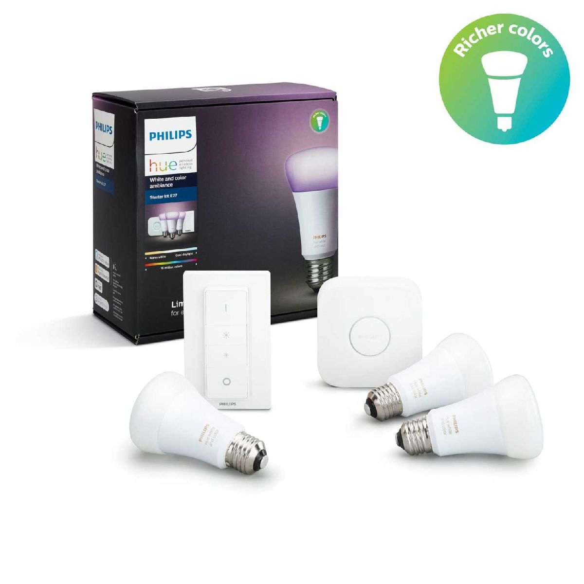 Набор из 3 цветных ламп, блока управления и диммера Philips Hue E27 9W 929002216825 в Санкт-Петербурге