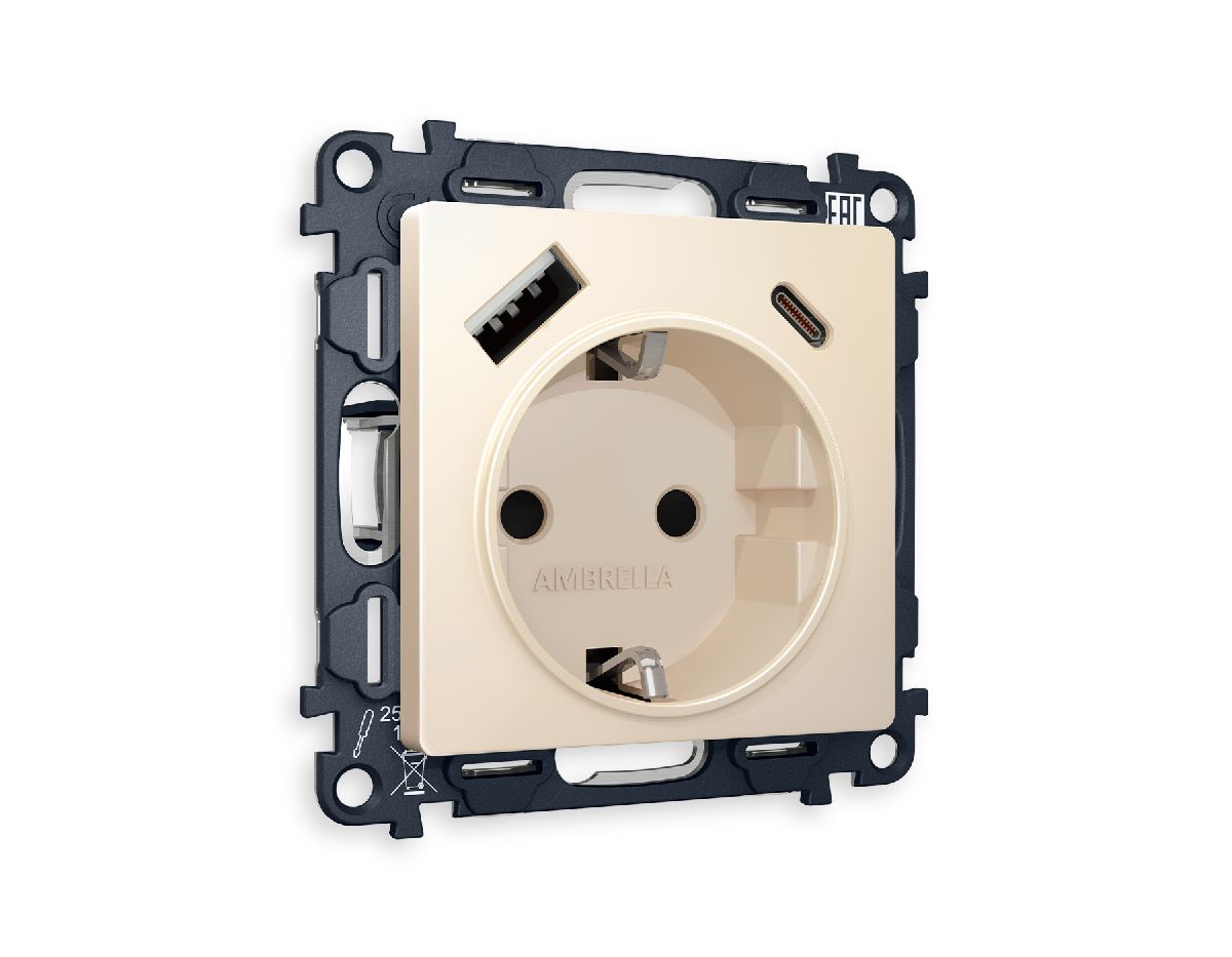 Комплект механизма розетки 2USB A+C 20W (быстрая зарядка) с/з Ambrella Volt Alfa MA330010 в Санкт-Петербурге