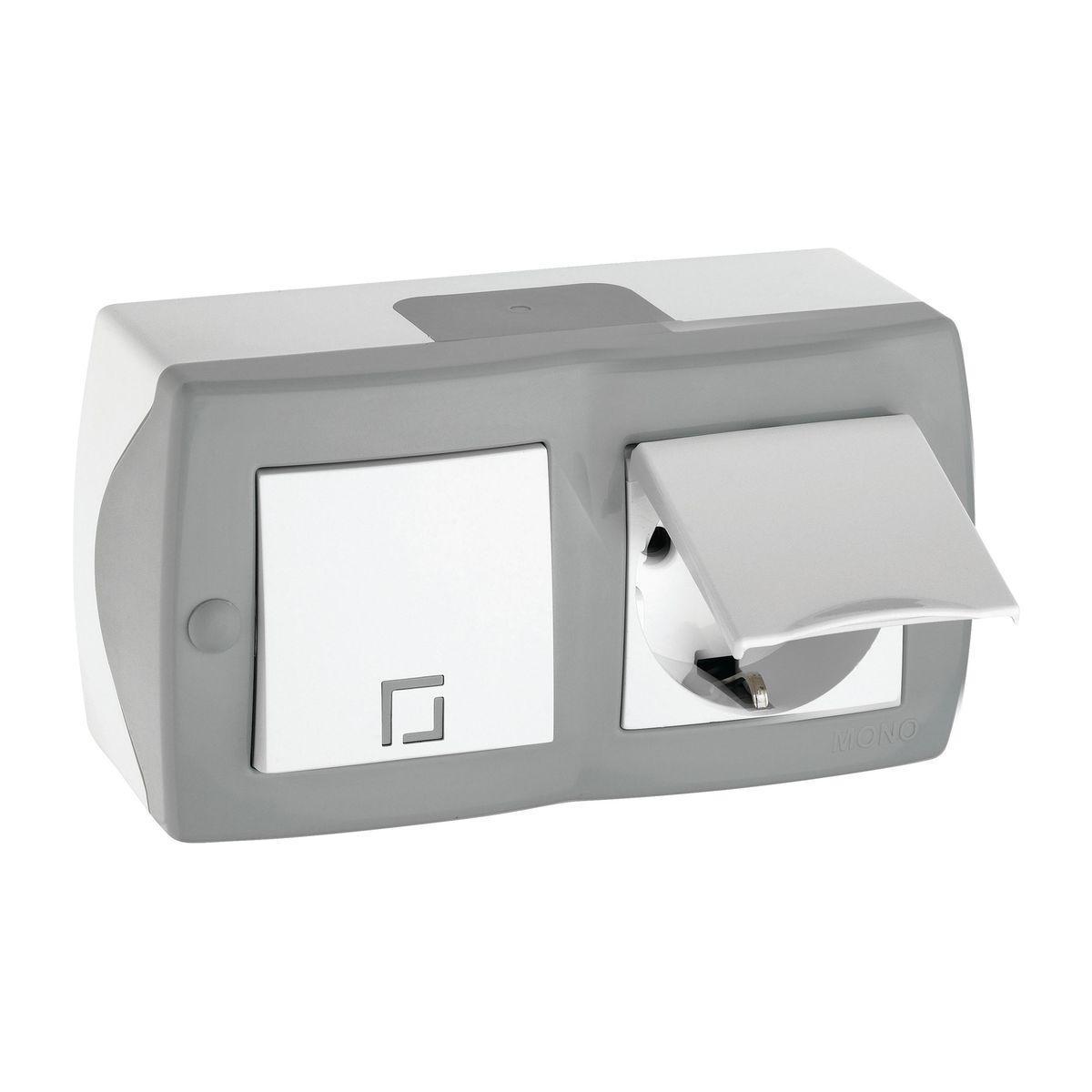 Выключатель одноклавишный + розетка с заземлением и крышкой Mono Electric Octans IP20 10А 250В бело-серый 104-020001-183 в Санкт-Петербурге