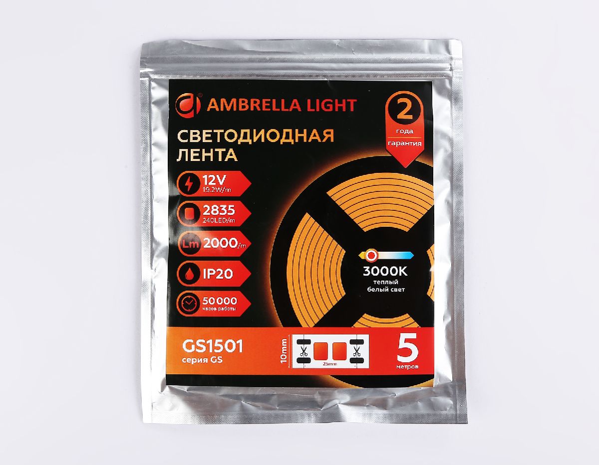 Светодиодная лента Ambrella Light LED Strip 12В 2835 19,2Вт/м 3000K 5м IP20 GS1501 в Санкт-Петербурге