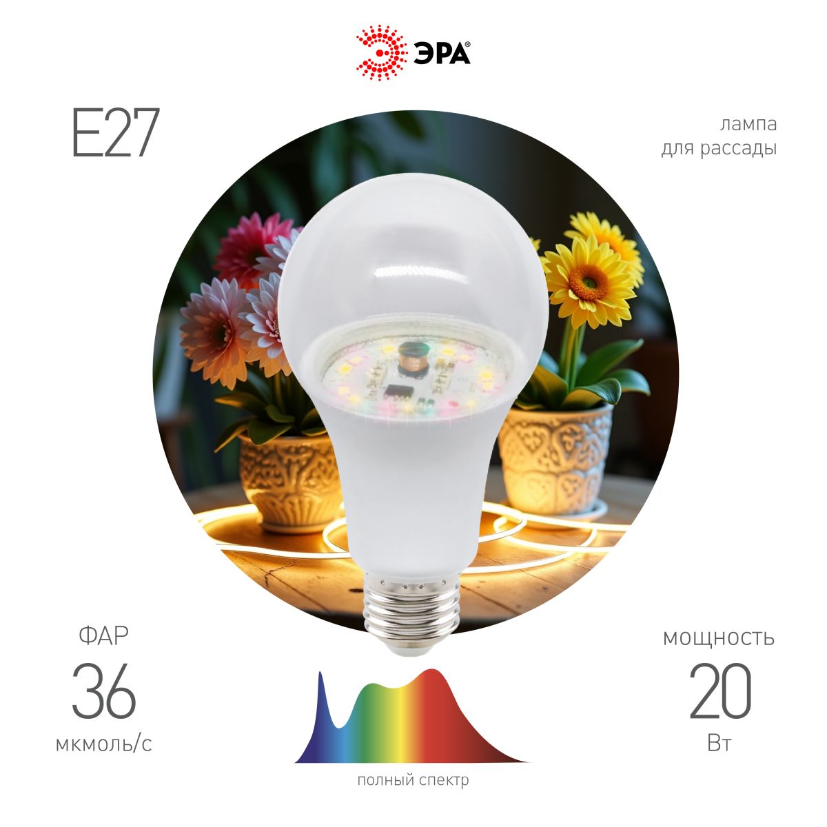 Фитолампа для растений Эра ФИТО A65-20W-PFR-E27-GR Б0068577 в #REGION_NAME_DECLINE_PP#