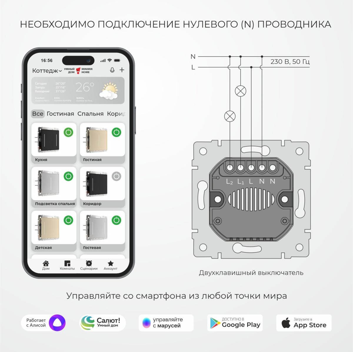 Сенсорный выключатель двухклавишный с функцией Wi-Fi Werkel шампань W4520611 4690389171307 в Санкт-Петербурге
