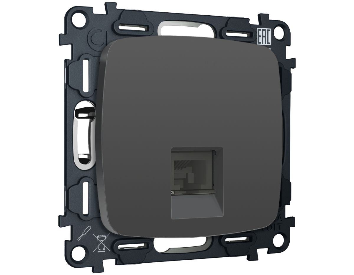 Комплект механизма компьютерной розетки Ambrella Volt RJ-45 (8P8C) CAT6A экранированной с автоматической защитной шторкой OMEGA MO912005 Графит soft touch QUANT (OP9120, VM185) в Санкт-Петербурге