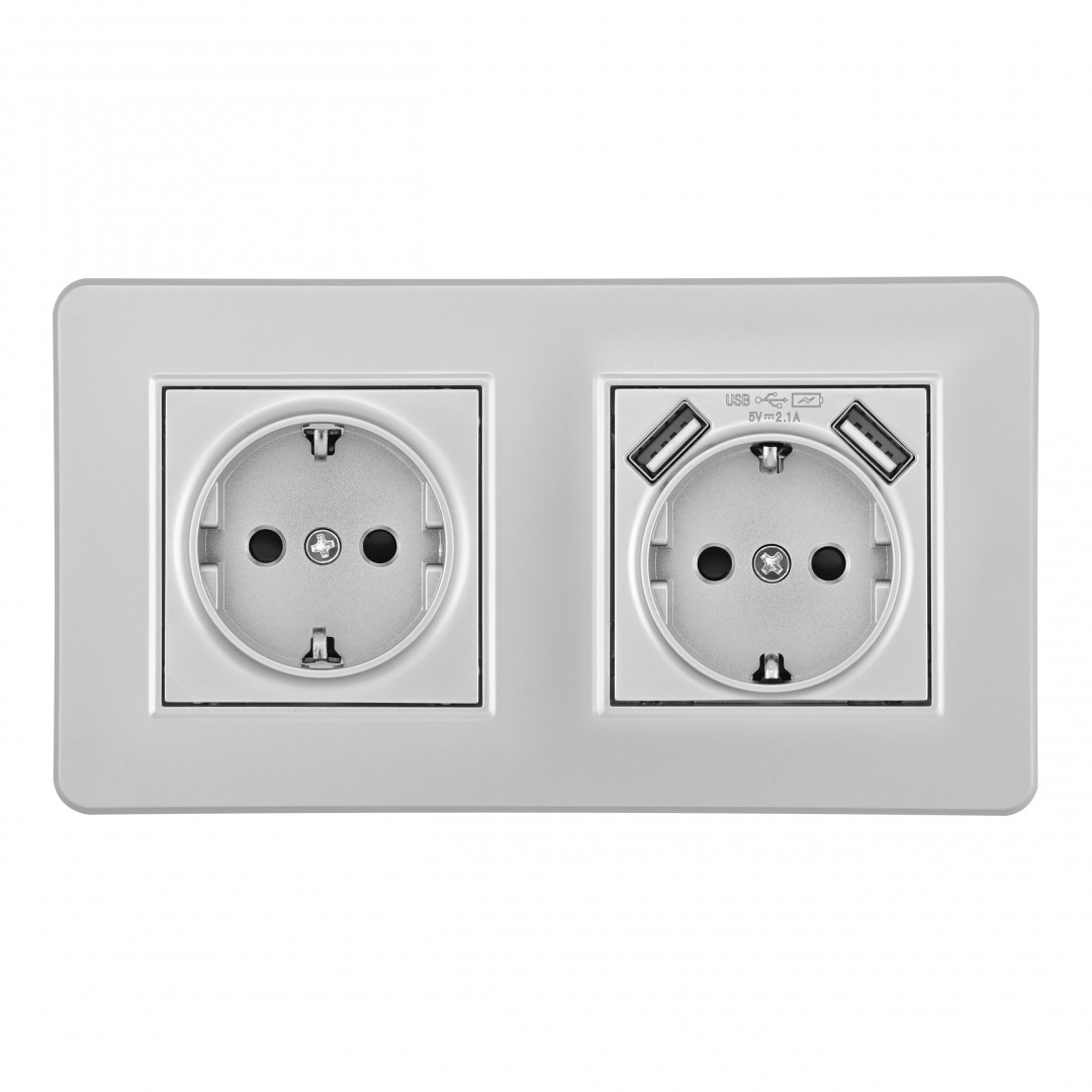 Розетка двойная (двухпостовая) с/з и шторками + USB Arte Milano SET16-2-47-1-40-1 silver в Санкт-Петербурге